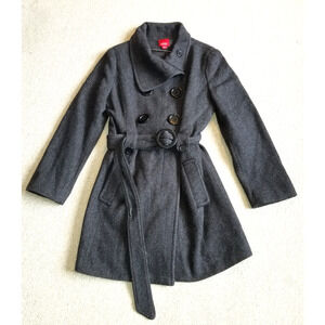 Womens Coat-ESPRIT OUTERWEAR-grey/black herringbone wool lined double-breasted-L